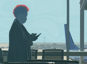 Nainen odottaa lentokentällä (digitaalista taidetta) tekijältä Evan Sklar
