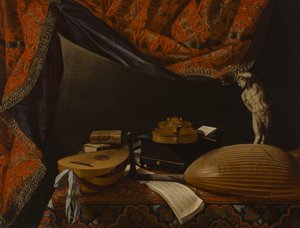Asetelma soittimien kanssa, kirjoja ja veistoksia, c. 1650