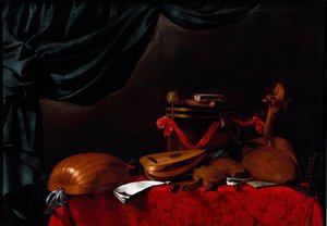 Asetelma soittimilla ja päärynällä Evarista Baschenisin (1617-1677) maalaus 1600-luku. Bergamo, Accademia Carrara, Italia