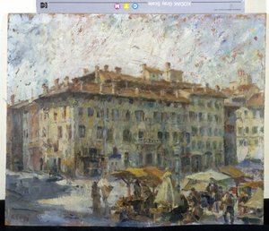 Markkinat Piazza Grandella Modenassa (maaliskuussa Piazza Grandella Modenessa) (öljy kankaalle)