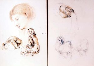 Kuusi tutkimusta naismalleista, kaksi sivua yhdestä taiteilijan luonnoskirjasta (kynä, liitu paperille) tekijältä Evelyn De Morgan