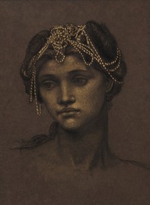 Medeia-aiheinen luonnos, n.1889 (mustaa liitua korotettuna kultamaalilla). tekijältä Evelyn De Morgan