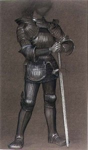 Study of Armour for "Life and Thought Have Gone Away", n. 1893 (mustavalkoinen liitu sävytetylle paperille) tekijältä Evelyn De Morgan