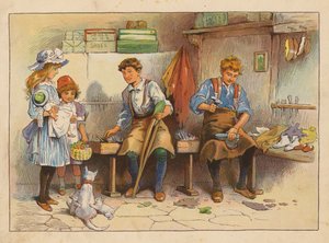 Pikkutyöläiset: Kengän- ja saappaanvalmistaja (värilitografia). tekijältä Evelyn Stuart Hardy
