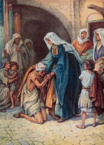 Dorcasin antamat lahjat (väri litho) tekijältä Evelyn Stuart Hardy
