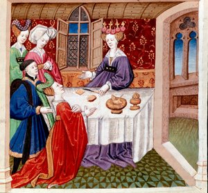 Iseult (tai Iseult) rukoilee pöydässä istuvan kuningatar Guenevren suojelusta. Miniatyyri, joka on otettu Gassien de Poitiersin teoksesta "Romaaninen du Chevalier Tristan et de la reine Yseult" ja valaisi Everard de Espinques (Evrard d