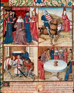Kuningas Arthur istuu hovissa, Lancelot luostariin naisen johdolla, pehmentymässä Galahadista (Gaalad tai Galaad) luostariin ja pyöreän pöydän ritarit Graalin ympärillä Käsikirjoitussivu "" Roman of the Knight Tristan ja Queen Yseult" Gassien de P