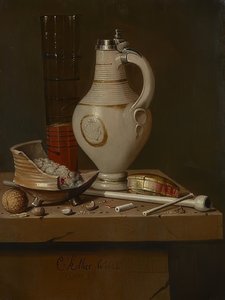Asetelma tupakointitarvikkeineen ja olutmukineen. 1664