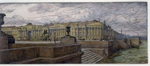 Senaattipaikka Pietarissa. Kuvaus rakennuksista Nevan rannalla. Jevgeni Evgenyevich Lanceray (Eugene Lansere) (1875-1946) työ, litografia
