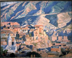 Tbilisi (Georgian tasavalta) (Tiflis) - Näkymä Kaukasuksen kaupunkiin, kallioisten vuorten maisemassa - Evgeny Evgenyvich Lancerayn (Eugene Lansere) maalaus (1875-1946), öljy kankaalle