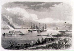 Höyrylaiva ja hinaaja Mississippillä, kaiverrus Stephane Pannemaker (1847-1930) (kaiverrus)
