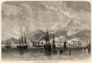 Espanjan satama Trinidadissa (Trinidad ja Tobago), Evremond Auguste de Berardin (1824-1881) piirustus kuvaamaan Anthony Trollopen (1815-1882) matkoja Länsi-Intiaan vuosina 1858-1859. Kaiverrus "" Le tour du monde, nouveau journal des voya