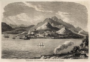 Näkymä Ranskan satamasta, Uudesta Kaledoniasta, piirustus Evremont de Berard (1824-1881), havainnollistamaan Victor de Rochasin matkaa Uuteen-Kaledoniaan vuonna 1859. Kaiverrus "" Le tour du monde"" 1861. Selvan kokoelma.