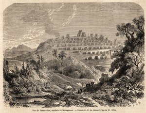 Näkymä Tananariven, Madagaskarin pääkaupungin, piirustus Evremond de Berard (1824-1881), havainnollistamaan Ida Pfeifferin matkaa Madagaskarille vuonna 1857. Kaiverrus ”” Le tour du monde”” 1861. Selvan kokoelma.