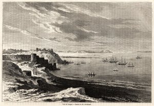 Näkymä Tangerista (Marokko), Evremond de Berardin (1824-1881) piirustus havainnollistamaan M.F.Schicklerin matkamuistiinpanoja Marokkoon. Kaiverrus "" Le tour du monde, nouveau journal des voyages"" Paris