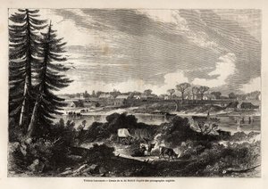 Näkymä Victoria-Vancouverista, Brittiläisen Kolumbian pääkaupungista, Auguste de Berardin (1824-81) piirustus kuvaamaan kapteeni John Palliserin Kalliovuorten tutkimusta vuosina 1857-59. Kaiverrus "" Le tour du monde, nouveau journal des voyages"" Paris