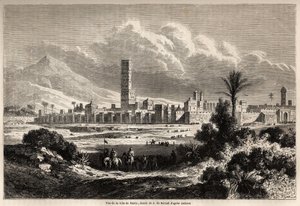 Näkymä Marrakechin kaupungista (entinen Marokko), Auguste de Berardin (1824-1881) piirustus havainnollistamaan Mr.F. Schicklerin matka Marokkoon vuonna 1860. Kaiverrus "" Le tour du monde, nouveau journal des voyages" Paris