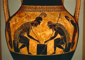 Ullakkomustahahmoinen amfora, joka kuvaa Akhilleusta ja Ajaxia pelaamassa noppaa, Vulcista, n. 540-530 eKr. (keraaminen) (yksityiskohta) tekijältä Exekias Exekias