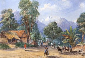 Kylä Himalajan vuoristossa (akvarelli) tekijältä F.G. Coleridge