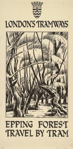 "Epping Forest, Travel by Tram", Lontoon kreivikuntaneuvoston LCC Tramways -juliste, 1922 tekijältä FW Farleigh