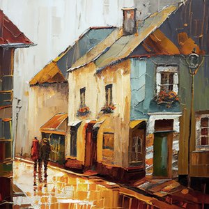 Country Village Street, abstrakti maalaus kankaalle, seinätaide tulostaa tekijältä F. Abderrahim