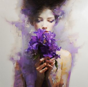 Kaunis nainen pukeutuu abstrakti violetti kukkia, Wall Art | Canvas Prints tekijältä F. Abderrahim