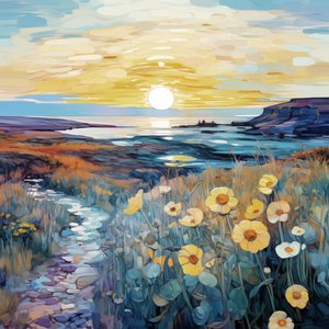 Abstrakti Purple Flowers auringonnousun maisema maalaus, Wall Art tulosteet tekijältä F. Abderrahim