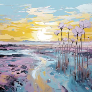 Abstrakti Purple Flowers auringonlaskun maisema, Custom Wall Art tulostaa tekijältä F. Abderrahim