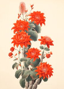 Abstrakti kaktus kukkia, japanilainen puupiirros, kehystetty wall art tulostaa tekijältä F. Abderrahim
