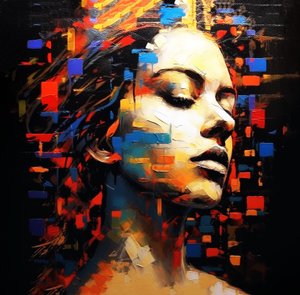 Abstrakti maalaus naisen muotokuva profiili musta tausta, Wall Art | Canvas Prints tekijältä F. Abderrahim
