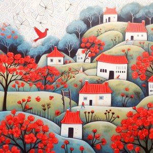Kauniita taloja punaisessa ja violetissa maisemassa, surrealistinen maalaus, kankaalle tulosteet tekijältä F. Abderrahim
