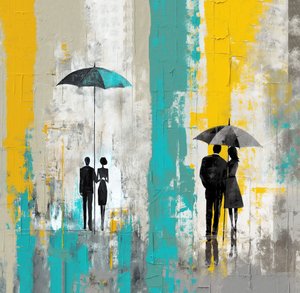 Romanttinen sadepäivä, rakastunut pariskunta sateenvarjon alla, Wall Art Tulosteet tekijältä F. Abderrahim
