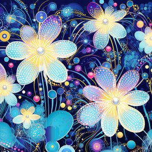 Kukkakuvio kuvio sininen, Yayoi Kusama tyyli, taidepainatuksia verkossa tekijältä F. Abderrahim
