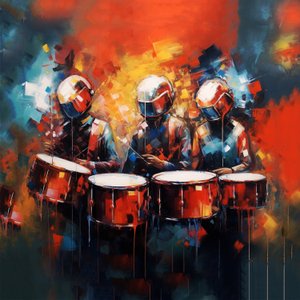 Ryhmä muusikoita rumpaleita soittaa rumpuja, rock-musiikki, Tulostettava digitaalinen taide tekijältä F. Abderrahim