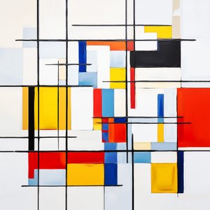 abstrakti Piet Mondrian maalaus tyyli, olohuoneen seinän sisustus idea tekijältä F. Abderrahim