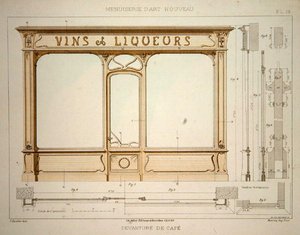 Viinikauppiaan myymälän julkisivun malli, kuvitus noin vuonna 1900 julkaistusta "Menuiserie d