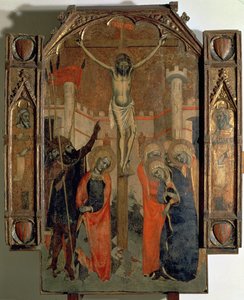 Ristiinnaulitseminen, Almudainan suuren alttaritaulun keskipaneelin yläosa, valmistunut vuonna 1358 (tempera paneelissa) tekijältä F. Bassa and R. Destorrents