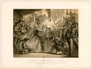 "Queen Elizabeth Knighting Drake Golden Hindin laivalla..., 4. huhtikuuta 1581", 1800-luku tekijältä F Fraenkel