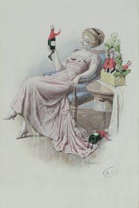 Postikortti naisesta, jolla on miehen muotoisia samppanjapulloja, n. 1900 (värilitho) tekijältä F. Kuderna