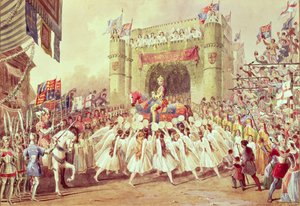 "The Shower of Gold", kohtaus Charles Keanin tuotannosta Henry V, Princess Theatre, 1859 tekijältä F. Lloyds