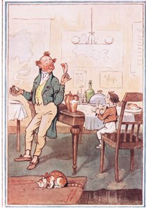 Hän otti toisessa kädessään kyljyksen luusta ja toisesta perunasta, kuvitus David Copperfieldiltä, 1914