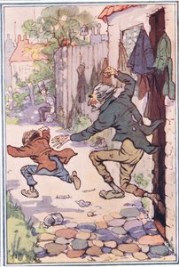 Hed ryntää ulos kaupasta heidän perässään ja lähettää heidät lentämään, kuva David Copperfieldiltä, 1914