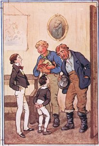 Herra Peggotty otti taskuistaan kaksi upeaa hummeria ja valtavan rapun ja suuren kangaspussin katkarapuja, kuva David Copperfieldiltä, 1914