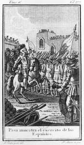 Hernando Cortes (1485-1547) arvioi joukkojaan, kaivertanut Antonio Rodriquez tekijältä F. Marti