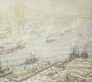 East River, New York, talvi, n. 1915 (öljy kankaalle) tekijältä F. Usher de Voll