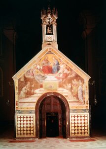 Porziuncola-kappelin ulkopuoli freskolla, joka esittää Pyhän Franciscuksen vastaanottamassa Assisin anteeksiantoa (Friedrich Overbeck), 1829; Santa Maria degli Angelin sisätilat (rekonstruoinut Luigi tekijältä F and Poletti Overbeck