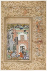 Babur viihdyttää sulttaani Ibrahim Lodisin palatsissa, irrotettu folio Zahir-al-Din Muhammad Baburin hajakopiosta Baburnamasta (Tuzuk-i Baburi), n. 1585 (wc, mustetta ja kultaa paperilla)