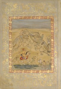 Jahangir katselemassa elefanttitaistelua, n. 1605. tekijältä Farrukh Chela