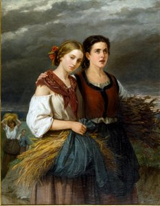 Peltojen paluu Kaksi nuorta talonpoikaa, jotka pitävät vehnäntähkiä esiliinassaan, seisovat yhdessä. Federica Giuliano Gervasonin (1838-1915) maalaus 1863 su. 135x105 cm Genes Nervi, Galleria d