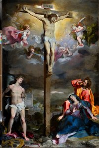 Kristuksen ristiinnaulitseminen Neitsyt Marian, Pyhän Johannes evankelistan ja Pyhän Sebastianin kanssa